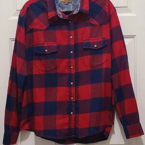 JACHS Girlfriend Cotton Buffalo Check Snap Button Roll Up Sleeve Flannel Shirt